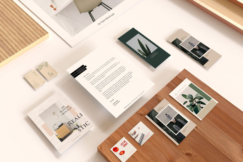Top View of a Flyer, Postcard, Rack card, Rectangle and Square Business Cards Mockup FREE PSD