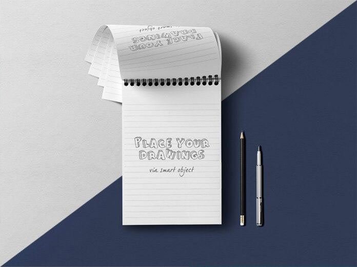 Top View Open Ringed Notepad Mockup with Pencil and Pen FREE PSD