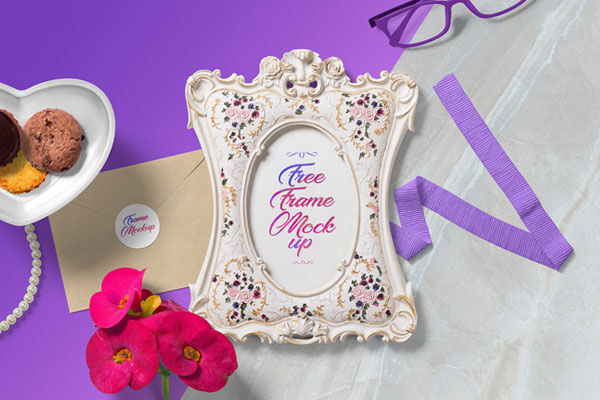 Top View Picture Frame Mockup Scene with Cookies, Envelope, etc. FREE PSD