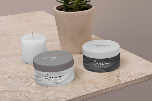 Two Cosmetic Jars in Front of a Candle and a Plant Pot Mockup FREE PSD