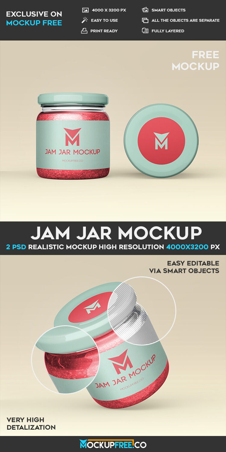 Two Mockups Featuring a Glass Jam Jar with a Metal Lid FREE PSD