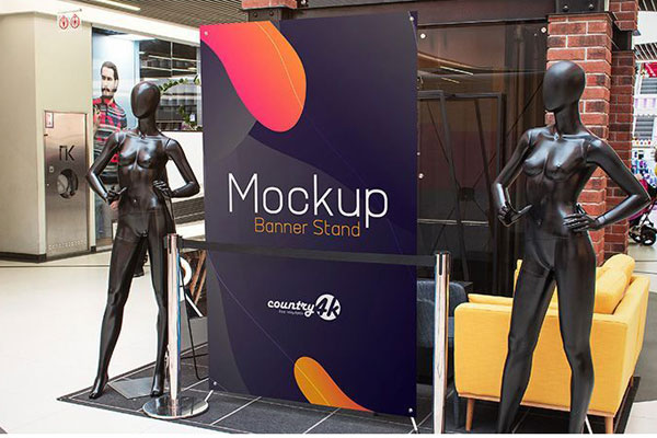 Two Mockups Featuring Front and Perspective Views of Banner Stand FREE PSD