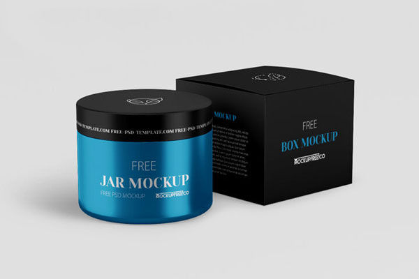 Two Mockups Featuring Perspective Views of Cosmetic Jar and Packaging FREE PSD