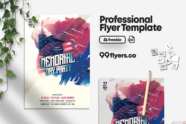 Watercolor Memorial Day Party Flyer Template FREE PSD
