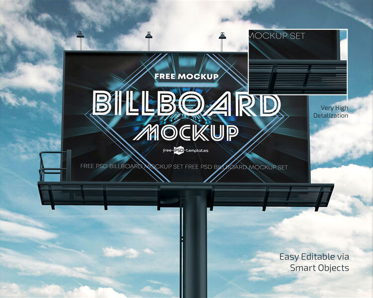 2 Low-angle View Mockups of a Horizontal Metal Pole Billboard FREE PSD
