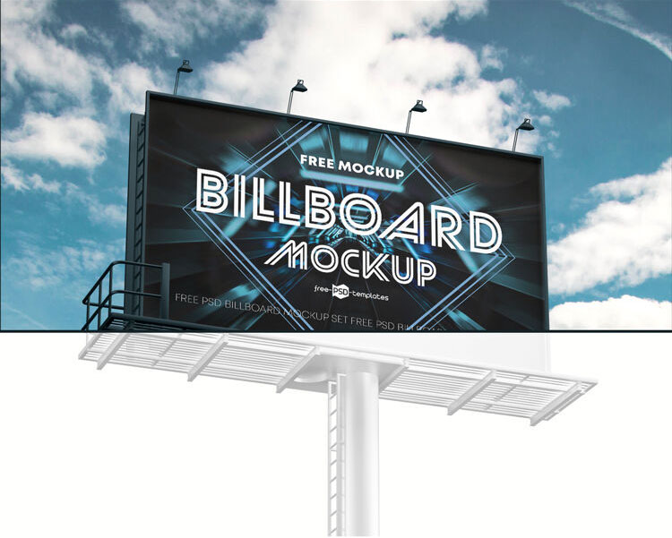 2 Low-angle View Mockups of a Horizontal Metal Pole Billboard FREE PSD