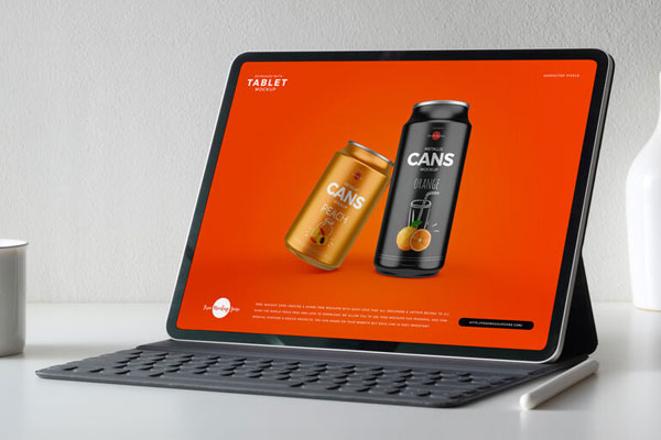 3/4 View Tablet Screen Mockup with Black Keyboard on Table FREE PSD