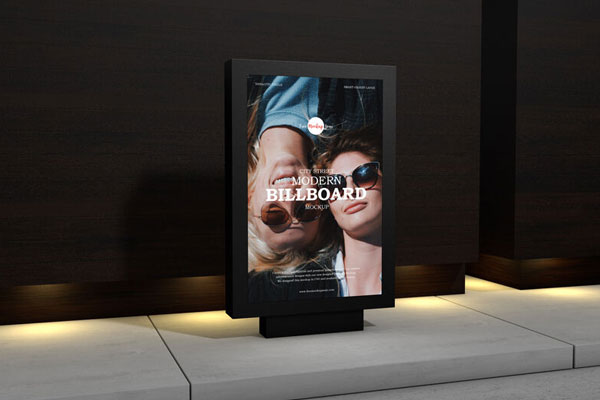 3/4 View Vertical Advertising Billboard on Sidewalk Mockup FREE PSD