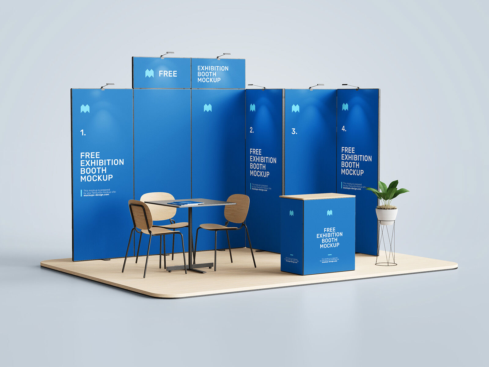 3 Exhibition Booth Mockups Featuring Backdrop, Counter, Desk and Chairs FREE PSD