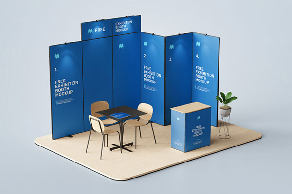 3 Exhibition Booth Mockups Featuring Backdrop, Counter, Desk and Chairs FREE PSD