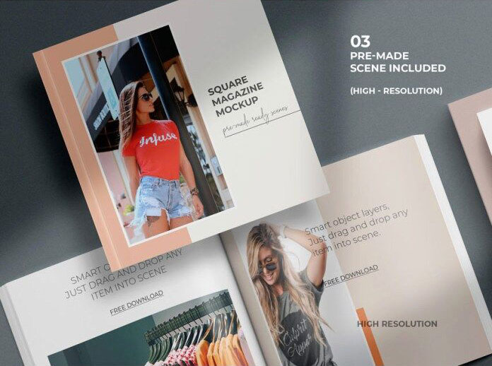 3 Mockups of Square Magazines\ Books in Top View FREE PSD