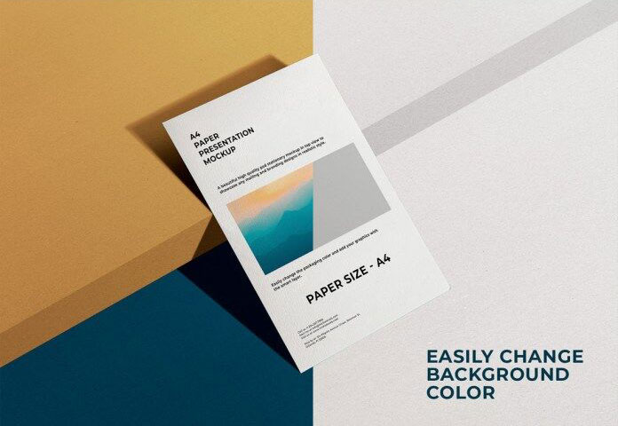 A4 Paper Presentation Lean to the Edge of a Level Mockup FREE PSD