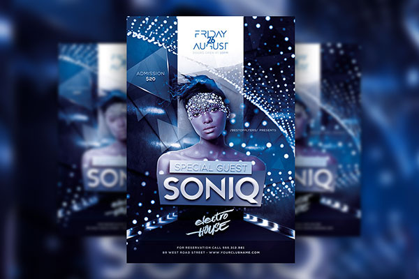 Blue, Bright Geometric Electro Party Flyer Template FREE PSD