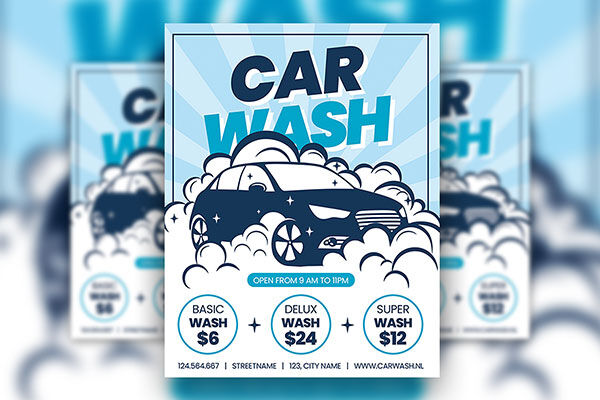 Blue, Illustrated Car Wash Flyer Along with Facebook Cover Templates FREE PSD