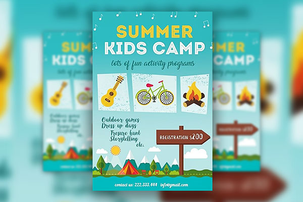 Blue Illustrated Summer Camp Flyer Template FREE PSD