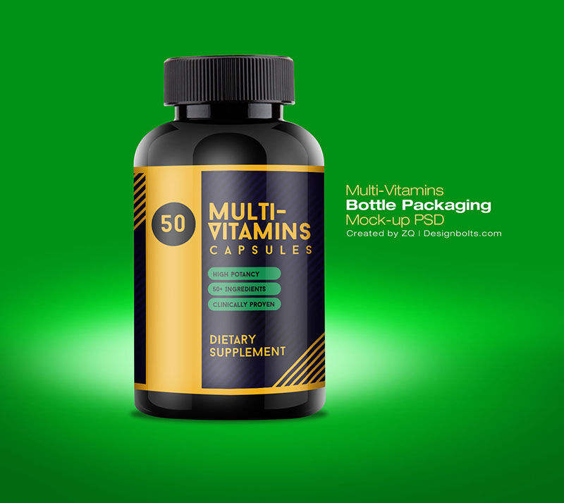 Close-up Shot Stand-up Multi Vitamin Bottle in Plain Setting Mockup FREE PSD