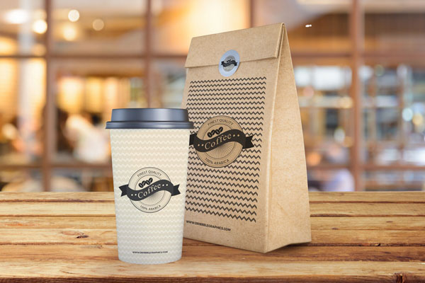 Coffee Cup and Paper Bag on Wooden Texture Mockup FREE PSD