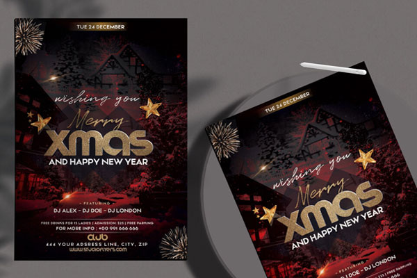 Dark Red Festive Christmas Party Flyer Template FREE PSD