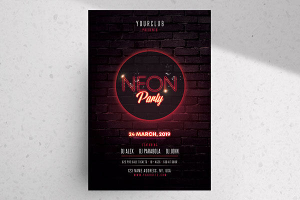 Dark Red Neon Night Party Flyer Template FREE PSD