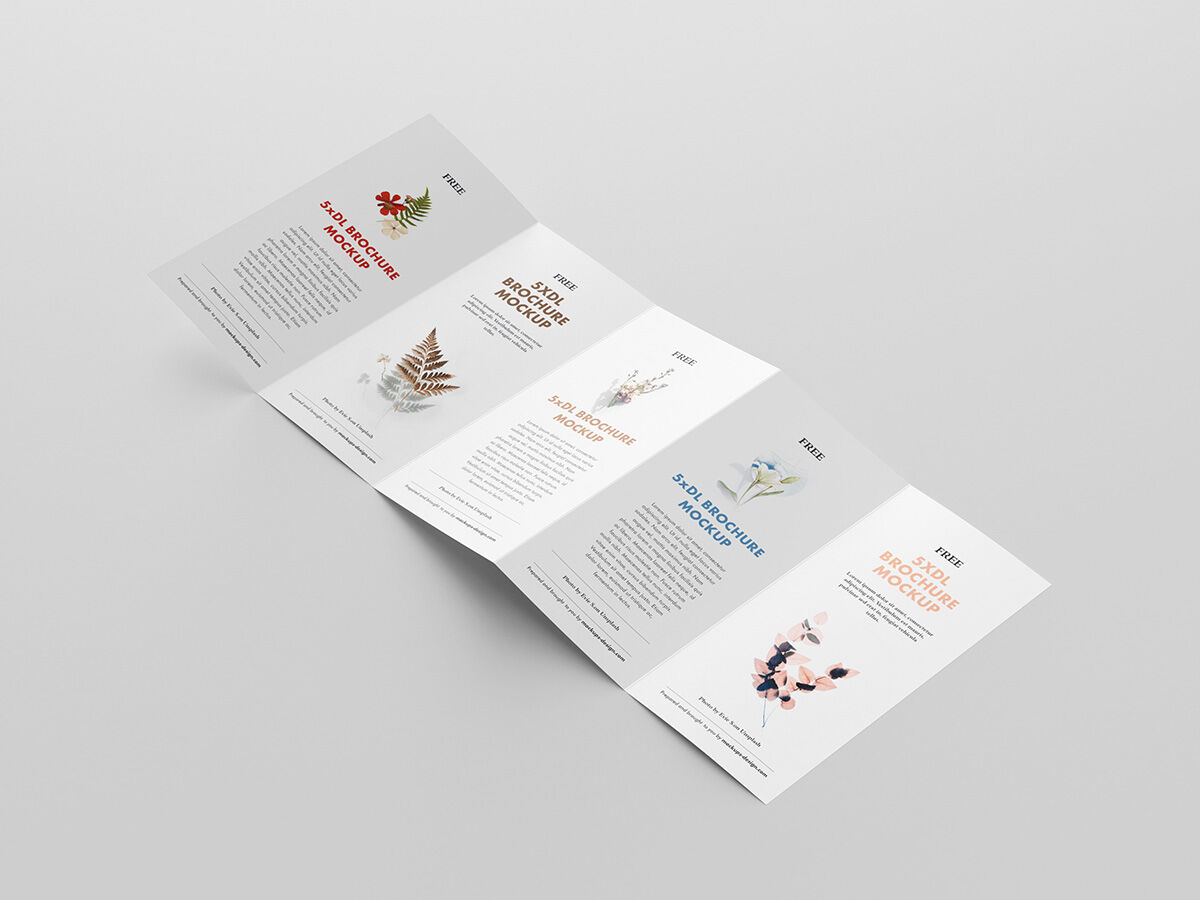Five Mockups Showcasing Opened and Closed Leaflets Overhead and Perspective Views FREE PSD