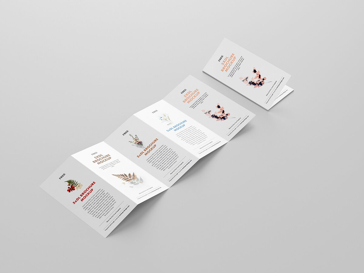 Five Mockups Showcasing Opened and Closed Leaflets Overhead and Perspective Views FREE PSD