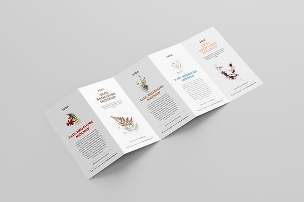 Five Mockups Showcasing Opened and Closed Leaflets Overhead and Perspective Views FREE PSD