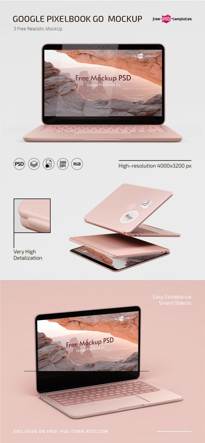 Front and 3/4 View of 3 Laptop Google Pixelbook Go Mockup FREE PSD