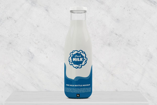 Front View Glass Milk Bottle Standing on Table Mockup FREE PSD