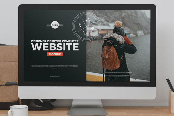 Front View of Desktop Computer on Wooden Table Mockup FREE PSD