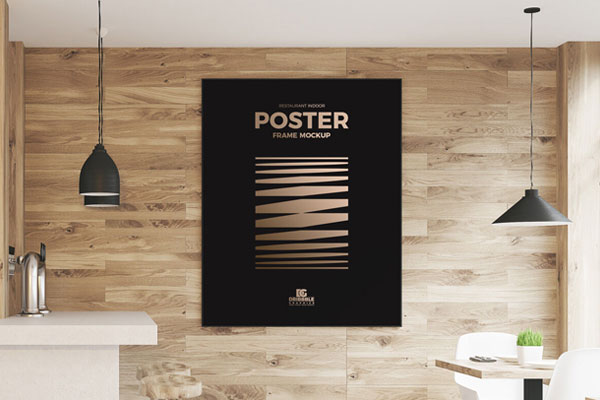 Front View Restaurant Indoor Wooden Wall Poster Frame Mockup FREE PSD