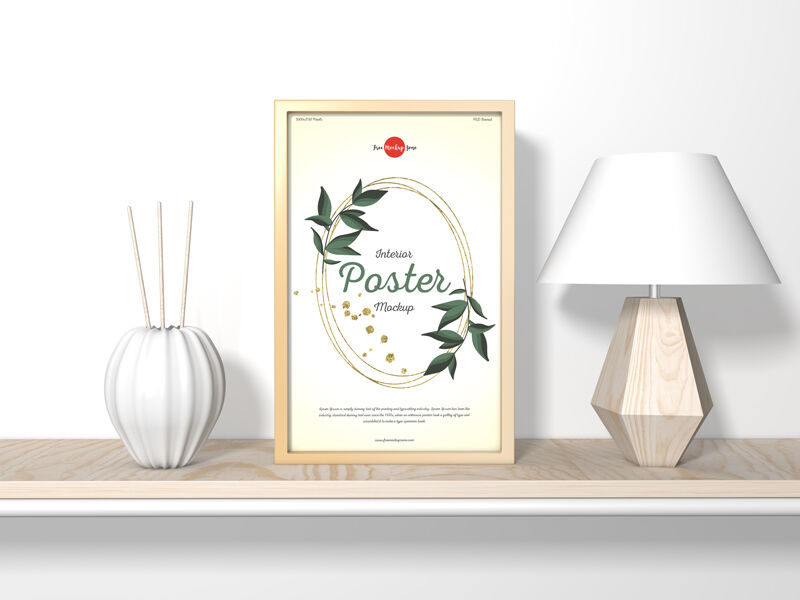 Front View Vertical Poster Frame on Table Mockup with Abajur FREE PSD