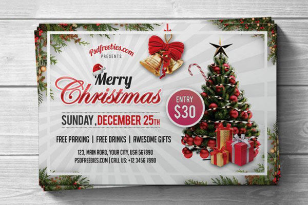 Horizontal Merry Christmas Party With Christmas Tree Flyer Template