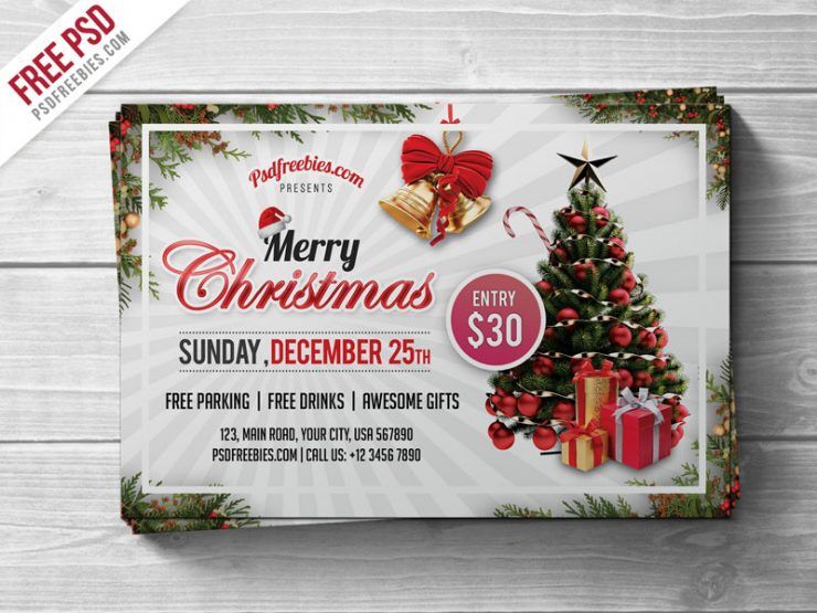 Horizontal Merry Christmas Party with Christmas Tree Flyer Template (FREE)  - Resource Boy