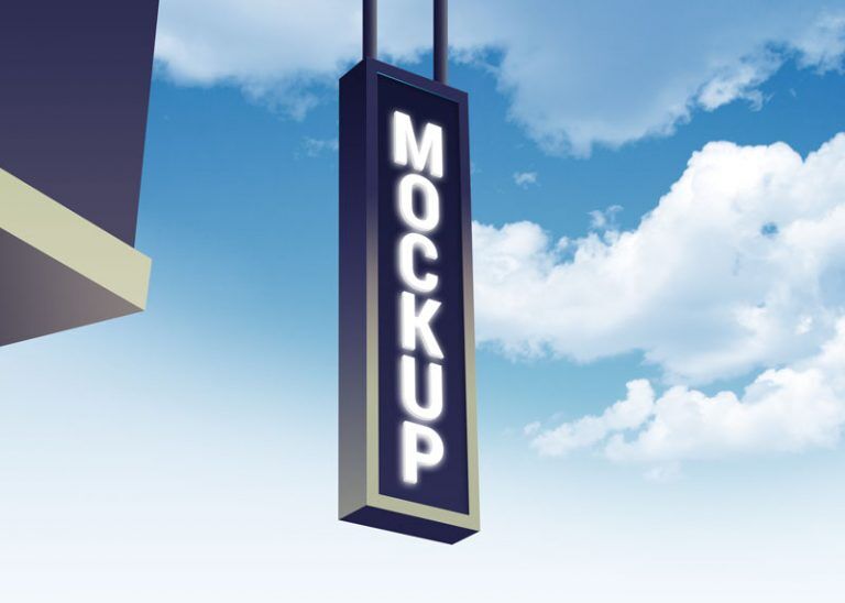 Low Angel View Vertical Drop Down Backlit Shop Signage Mockup FREE PSD
