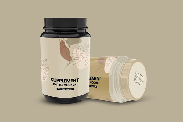 Mockup Featuring Two Glossy Supplement Bottles in Shrink Sleeves FREE PSD
