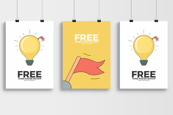 Mockup of 3 Hanging Posters on the Wall FREE PSD