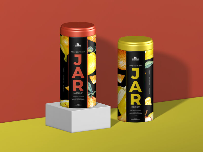 Mockup of Two Cylindrical Food Bottle Containers in Half-Side View FREE PSD