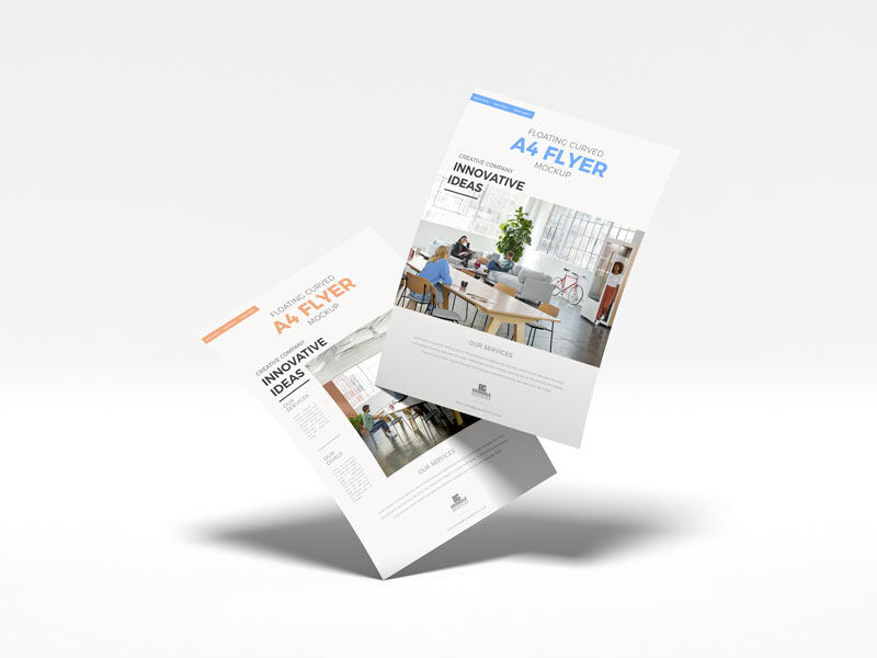 Mockup of Two Slanting A4 Flyers Floating in the Half-Side View FREE PSD