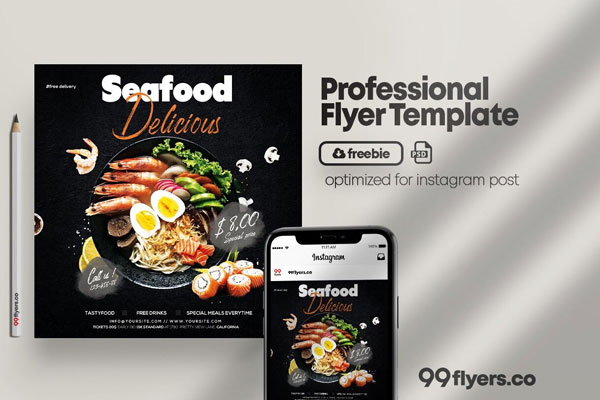 Modern Black Seafood Flyer and Instagram Template FREE PSD