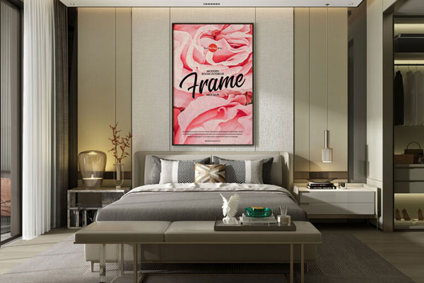 Modern Room Above-Bed Vertical Picture Frame Mockup FREE PSD