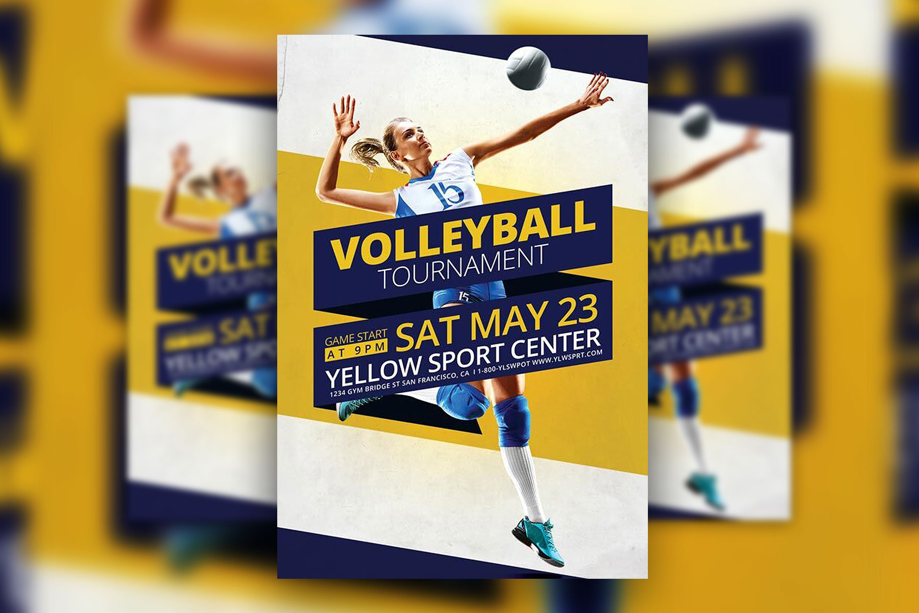 Navy, Yellow, White 3D Volleyball Tournament Flyer Template FREE PSD
