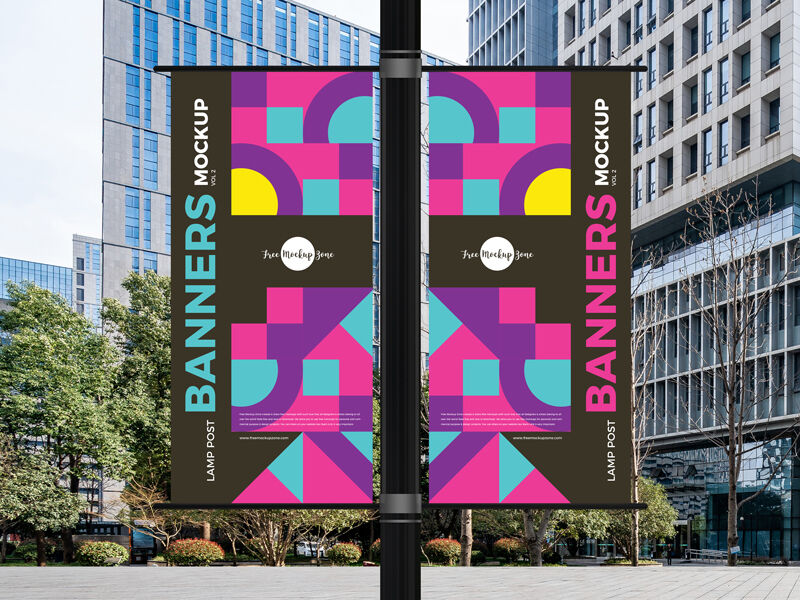 Outdoor Lamp Post Banners Mockup FREE PSD