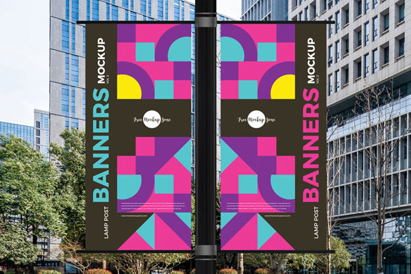 Outdoor Lamp Post Banners Mockup FREE PSD