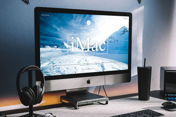 Perspective View of Modern Workstation iMac Mockup in Lifelike Setting FREE PSD