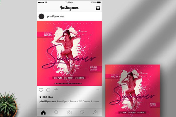 Pink Futuristic Summer Party Instagram Post Template FREE PSD