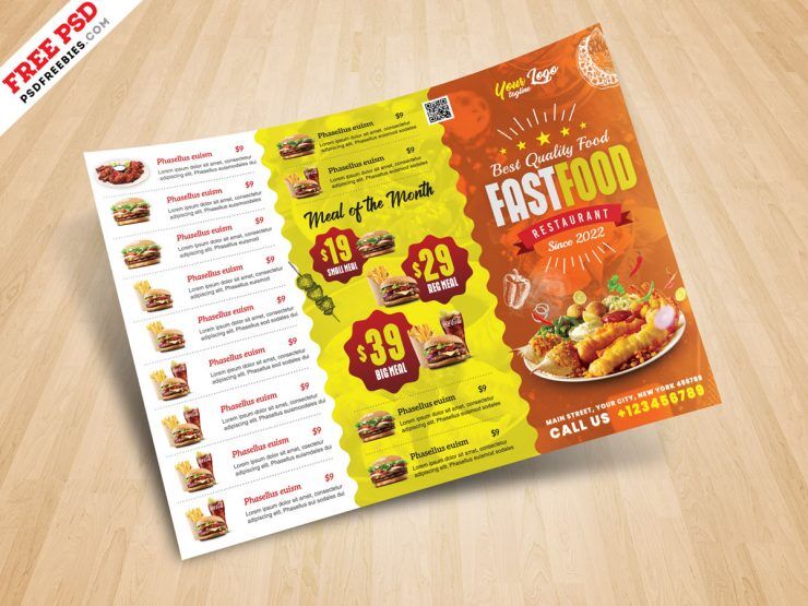 Playful Horizontal Fast Food Menu Flyer Template FREE PSD