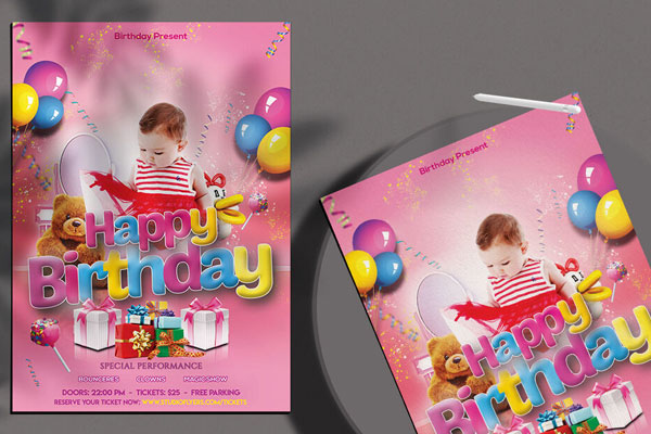 Playful pink Happy Birthday Flyer Template FREE PSD
