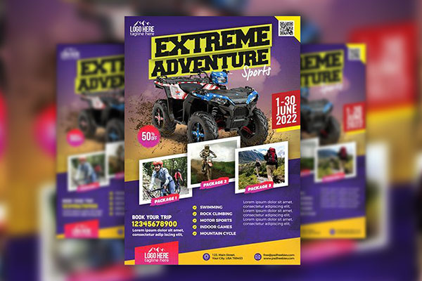 Purple, Yellow Modern Adventure Tour Flyer Template FREE PSD
