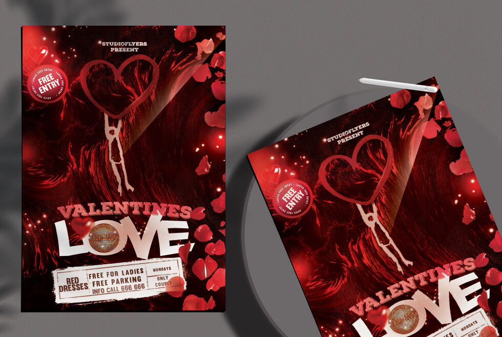 Red 3D Valentine's Day Party Flyer Template FREE PSD