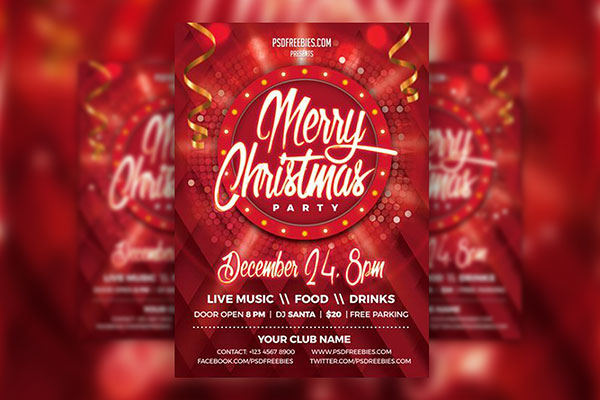 Red Color Circle Christmas Party Flyer Template FREE PSD